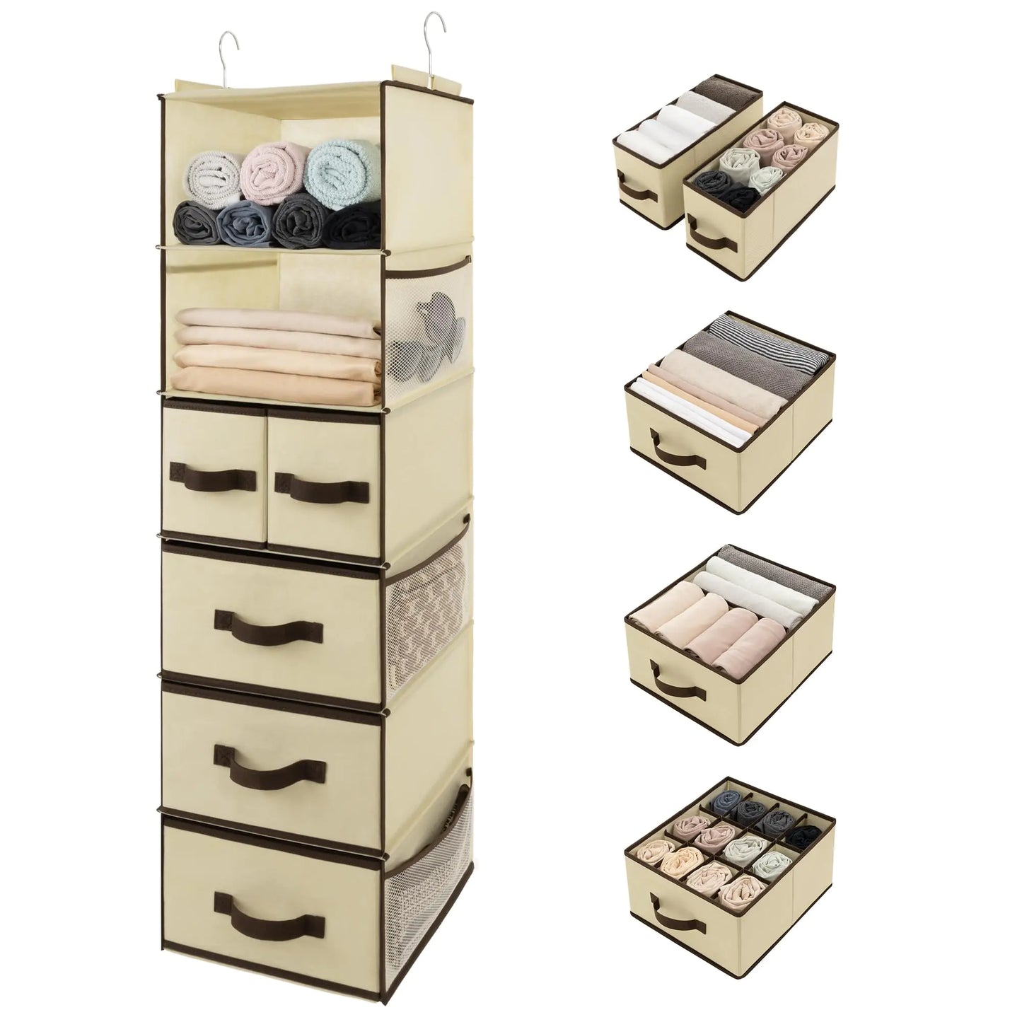 6-Shelf Hanging Closet Unit with 5 Modular Drawers and Additional Pockets